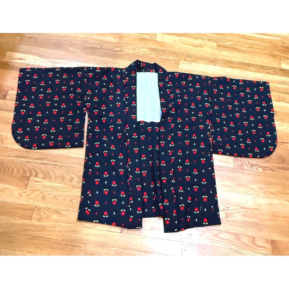 Vintage Japanese Haori Kimono Jacket Navy Black Red Ikat Floral Starburst